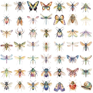 50 pieces of watercolor insect PET stickers featuring butterflies and beetles for DIY decor