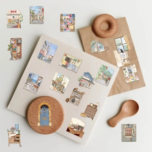 Detail of waterproof PET stickers with hand-drawn retro Chinese street scenery on wood
