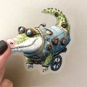 Adesivo coccodrillo steampunk con occhiali vintage e ingranaggi per decori DIY