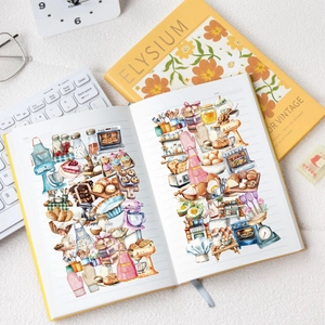 Waterproof baking stickers set on notebook with oven and bread watercolor illustrations