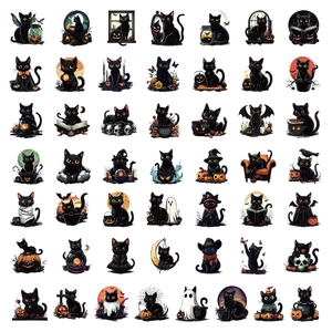 Detailed sheet of 49 waterproof Halloween black cat stickers with pumpkins and witch hats