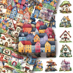 Detailed watercolor fairy house PET stickers for journals and DIY laptops