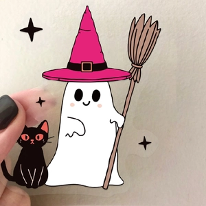 Cute pink Halloween ghost and black cat sticker on transparent PET material