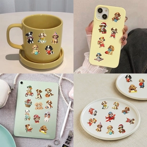 Vintage cartoon dog stickers applied on ceramic mugs, phone cases, and tablet covers