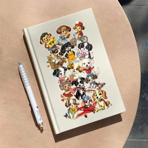 Close-up of vintage puppy illustrations on a cream-colored hardcover PET notebook