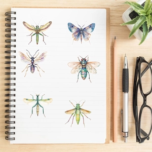 Detailed watercolor insect PET stickers on a notebook for journaling and decoration