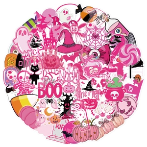 Set of 50 creative pink Halloween PET stickers featuring pumpkin, ghost, and skull motifs