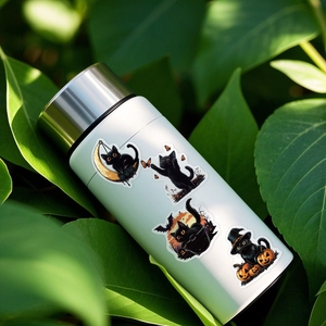 Close-up of waterproof black cat Halloween stickers on a white stainless steel bottle