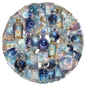 Detailed view of assorted creative galaxy moon bottle PET stickers with gold foil outlines