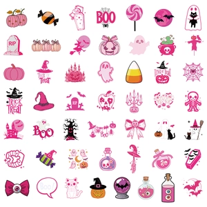 Macro view of 49 pink Halloween PET stickers featuring skeletons, pumpkins and ghost motifs