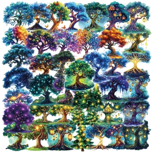 Lot de 50 autocollants colorés PET en forme d'arbres magiques pour le scrapbooking