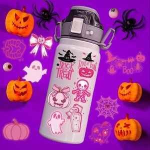 Pink Halloween stickers with skull and pumpkin icons on a white water bottle with handle