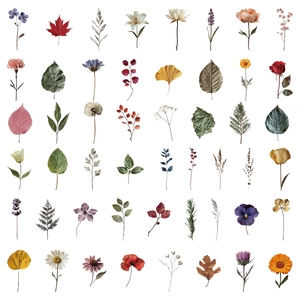 Macro display of 54 vintage floral stickers including roses, lilies and ferns for DIY crafts