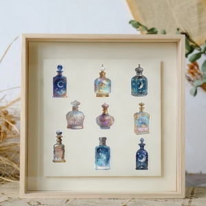 Vintage moon phase bottle stickers set in a wooden frame for creative DIY scrapbooking