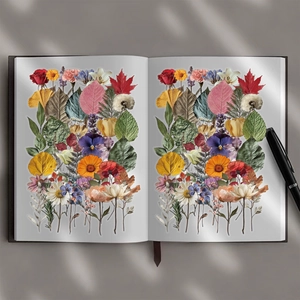 50 vintage floral stickers on a notebook featuring roses, daisies, and autumn leaves