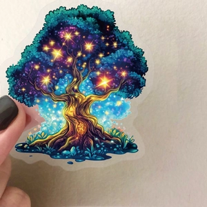 Vibrant magical tree PET sticker with glowing blue leaves and golden sparkles for decoration