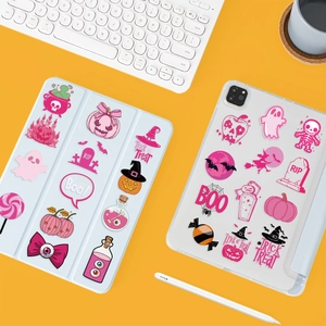Pink Halloween PET stickers with skulls and pumpkins on a clear tablet case decor