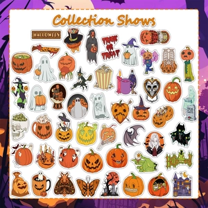 Collection of Halloween cartoon stickers featuring pumpkins, ghosts, and festive motifs