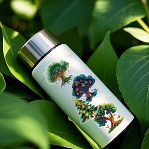 Stickers PET imperméables avec motifs d'arbres magiques colorés sur une bouteille blanche