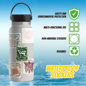Waterproof aesthetic stickers shown on a white bottle with splash effect and icons