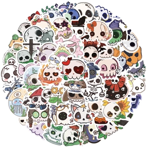 50pcs waterproof cartoon skull stickers with bows and hearts for laptop decoration