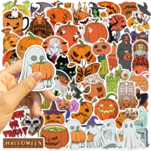 Set of 50 cartoon Halloween stickers featuring pumpkins, ghosts and black cats for decoration