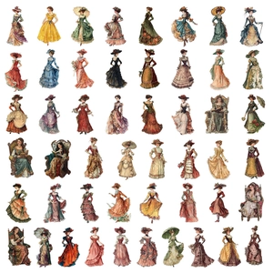 Detailed grid of 48 vintage Victorian woman stickers for journaling and DIY crafts decoration