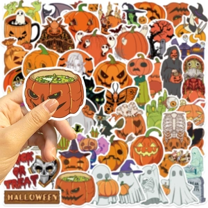 Detail of waterproof PVC Halloween stickers featuring pumpkins, ghosts and bats designs