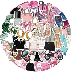 50pcs waterproof cartoon girl fashion stickers for luggage and planners in pink and green