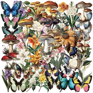 Detailed retro botanical stickers featuring vintage mushrooms, butterflies and garden flowers