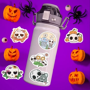 Water bottle featuring various Halloween cartoon skull stickers with floral motifs