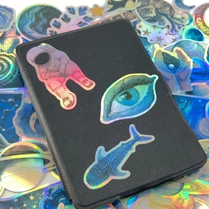 Laser holographic space stickers featuring astronaut and whale for laptop decoration