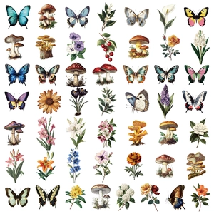 Close-up of 49 vintage botanical butterfly and mushroom stickers in a detailed grid layout