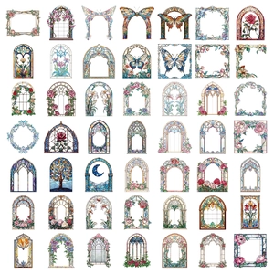 Détail de 49 autocollants PET vintage avec motifs de papillons et fenêtres gothiques