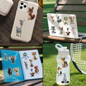 Detail von 3D-Tieraufklebern aus PET auf Handyhülle, Laptop und Trinkflasche