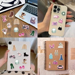 Fashion life stickers shown on laptop and phone case, trendy pink aesthetic decals