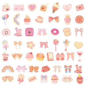 Detailed grid view of 50 cute pink PET stickers with cat, strawberry, and dessert motifs