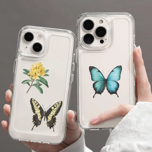 Clear iPhone case featuring vintage floral and butterfly prints with drop protection