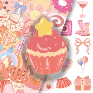 Set of 50 creative pink heart PET stickers with strawberry, cake and bow designs for DIY