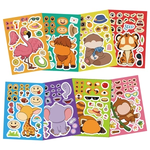 Set of 8 DIY cartoon animal face-changing stickers for kids featuring giraffe and elephant
