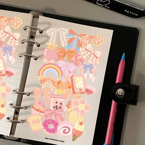 50 pieces of pink aesthetic PET stickers featuring cute cartoon icons for DIY scrapbooking