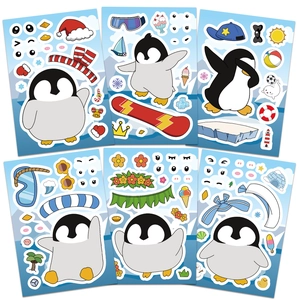 Detail view of 6 DIY cartoon penguin puzzle stickers with festive holiday accessories