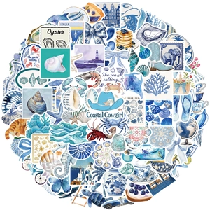 Set de stickers Coastal Cowgirl avec coquillages, bottes et motifs marins bleu aquarelle