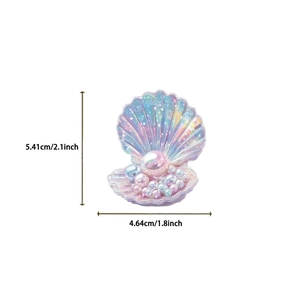Detailed view of iridescent resin shell ornament with pearls showing exact dimensions