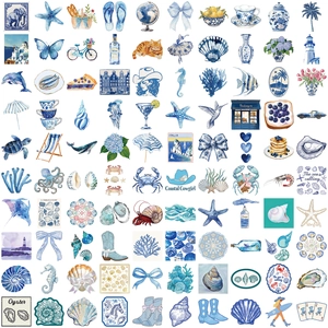 Autocollants aquarelle bleus avec motifs marins et éléments de style de vie côtier