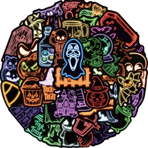 Detail of neon Halloween stickers featuring pumpkins and ghosts on a white background
