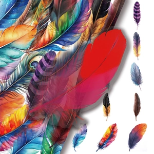 Macro view showing various colorful feather PET stickers with detailed textures and gradients