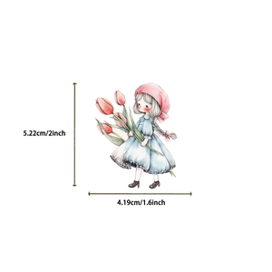 Detailed size view of a 5.22cm watercolor girl sticker holding red tulips