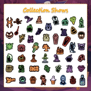 Detailed collection of 50 neon Halloween stickers showing diverse spooky patterns