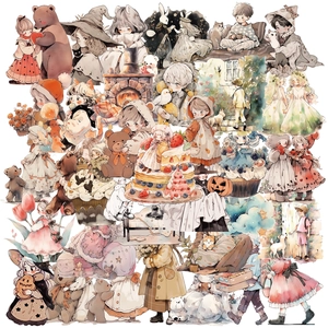 Flat lay of 50 watercolor fairytale PET stickers featuring cute cartoon girls and animals